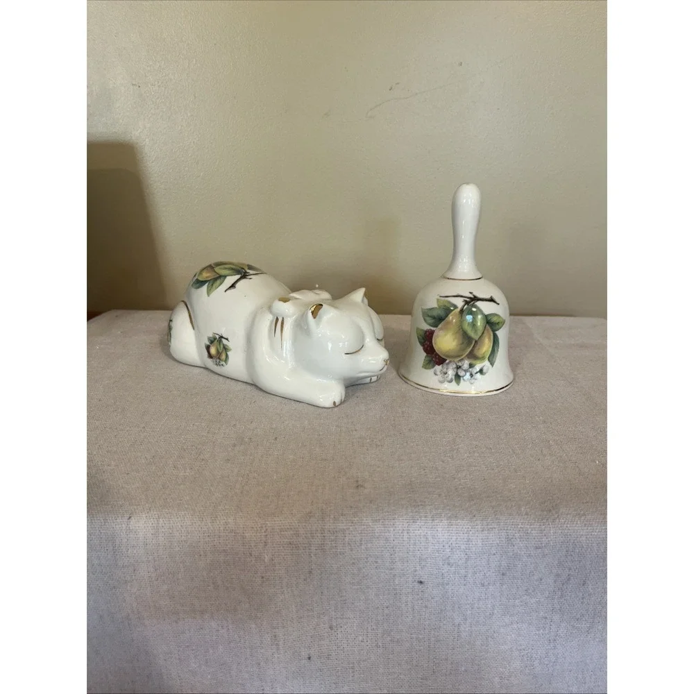 Sleeping Cat Porcelain Figurine & Bell (Formalities) Fruit Motif with Gold